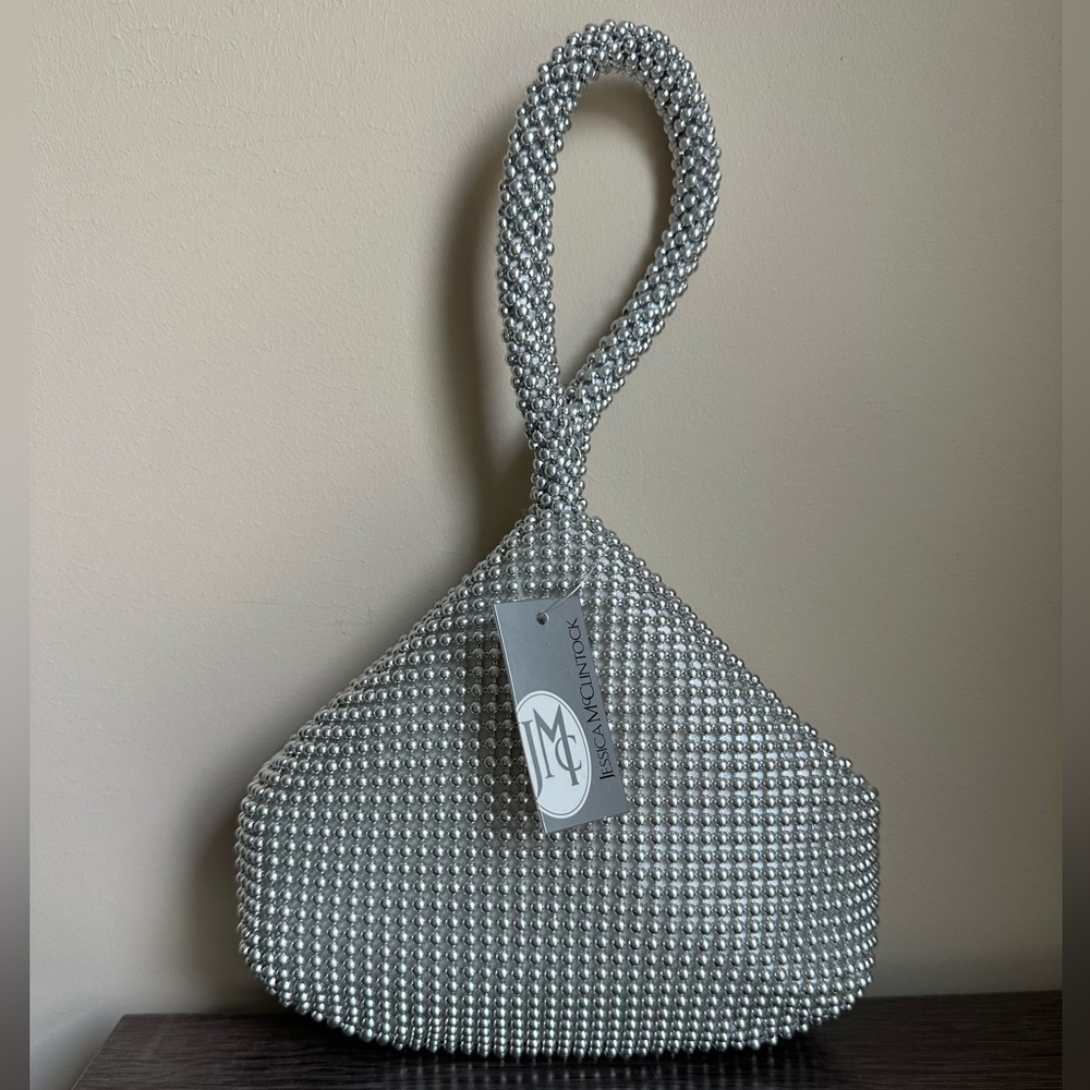 Jessica McClintock Womens Staci Mesh Wristlet Pouch Silver